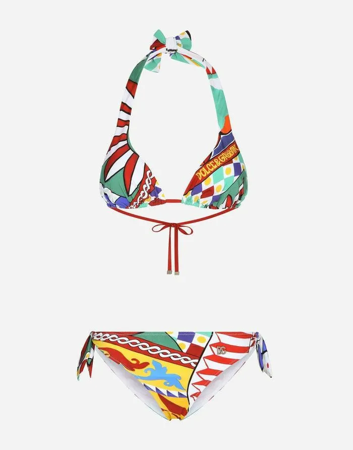 Dolce and Gabbana Beachwear Women Carrettoprint Triangle Bikini Multicolor
