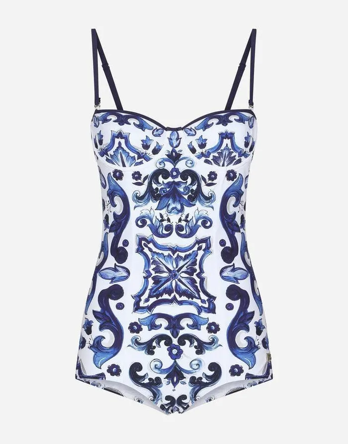 Dolce and Gabbana Beachwear Women Majolicaprint Balconette Onepiece Swimsuit Multicolor Dolce and Gabbana Beachwear Women Majolicaprint Balconette Onepiece Swimsuit Multicolor