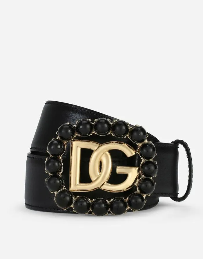 Dolce and Gabbana Belts Women Calfskin Belt With DG Logo With Black Pearls Black Dolce and Gabbana Belts Women Calfskin Belt With DG Logo With Black Pearls Black