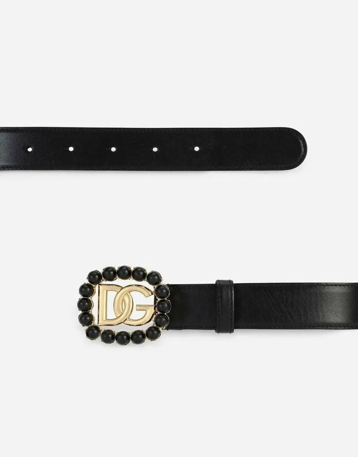 Dolce and Gabbana Belts Women Calfskin Belt With DG Logo With Black Pearls Black Dolce and Gabbana Belts Women Calfskin Belt With DG Logo With Black Pearls Black