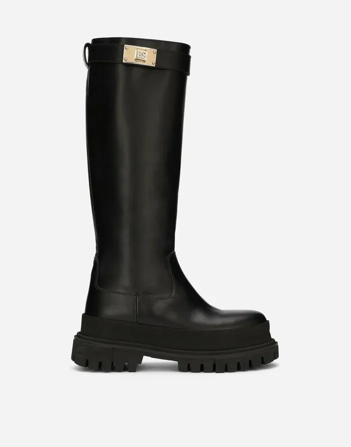 Dolce and Gabbana Boots And Booties Women Calfskin Boots With Branded Strap Black Dolce and Gabbana Boots And Booties Women Calfskin Boots With Branded Strap Black