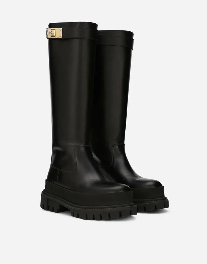 Dolce and Gabbana Boots And Booties Women Calfskin Boots With Branded Strap Black Dolce and Gabbana Boots And Booties Women Calfskin Boots With Branded Strap Black