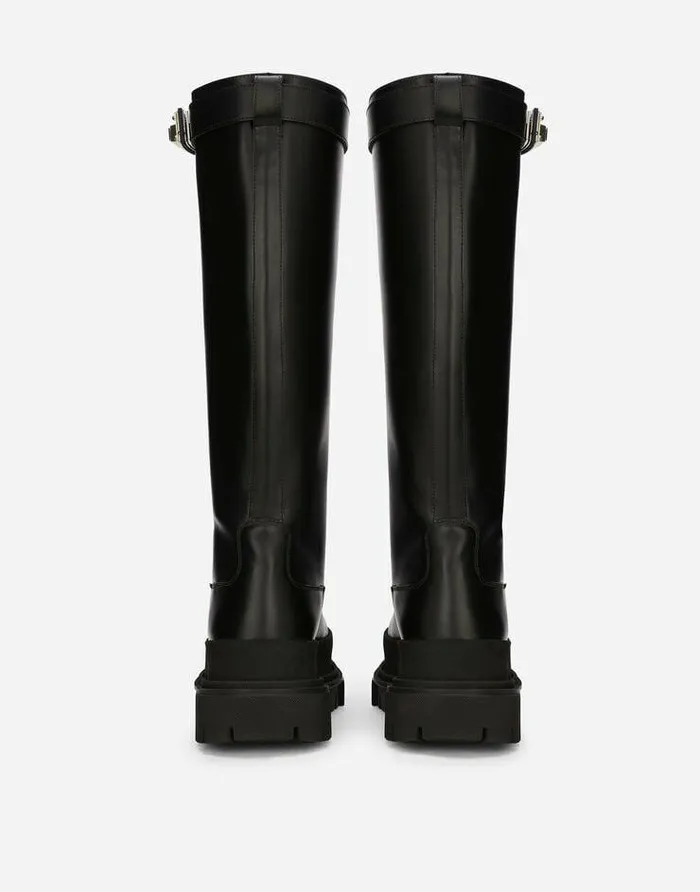 Dolce and Gabbana Boots And Booties Women Calfskin Boots With Branded Strap Black Dolce and Gabbana Boots And Booties Women Calfskin Boots With Branded Strap Black