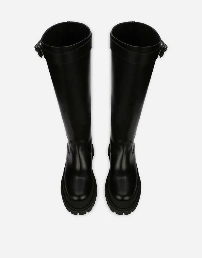 Dolce and Gabbana Boots And Booties Women Calfskin Boots With Branded Strap Black Dolce and Gabbana Boots And Booties Women Calfskin Boots With Branded Strap Black