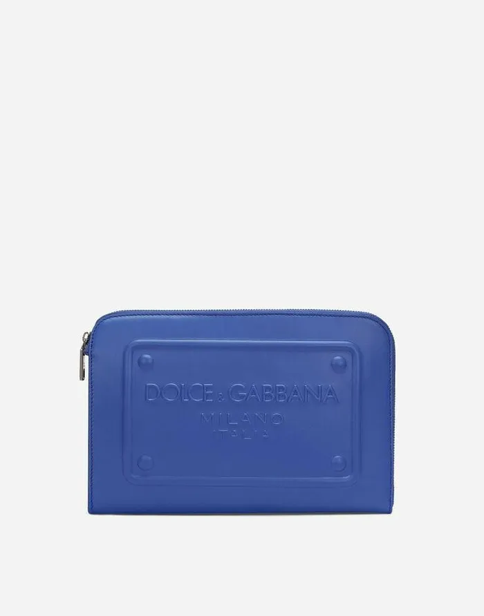 Dolce and Gabbana Briefcase And Clutches Men Small Calfskin Pouch With Raised Logo Blue Dolce and Gabbana Briefcase And Clutches Men Small Calfskin Pouch With Raised Logo Blue