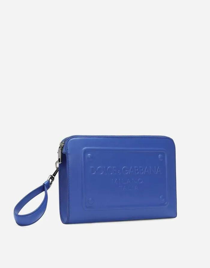 Dolce and Gabbana Briefcase And Clutches Men Small Calfskin Pouch With Raised Logo Blue