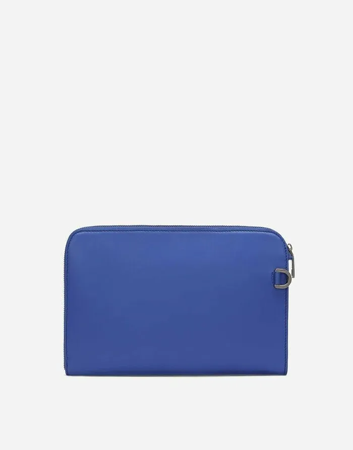 Dolce and Gabbana Briefcase And Clutches Men Small Calfskin Pouch With Raised Logo Blue