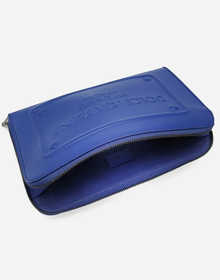 Dolce and Gabbana Briefcase And Clutches Men Small Calfskin Pouch With Raised Logo Blue