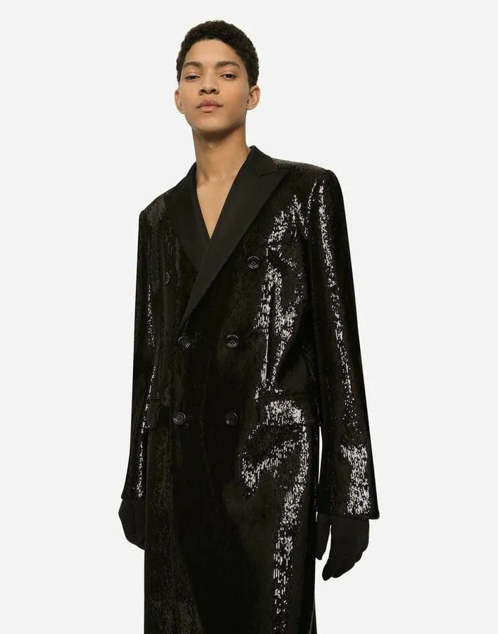 Dolce and Gabbana Coats And Jackets Men Sequined Doublebreasted Coat Black