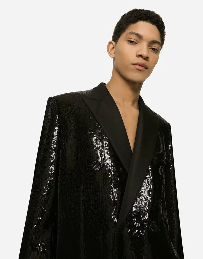 Dolce and Gabbana Coats And Jackets Men Sequined Doublebreasted Coat Black