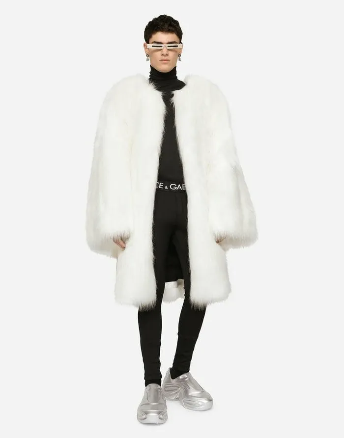 Dolce and Gabbana Coats And Jackets Men Singlebreasted Faux Fur Coat White