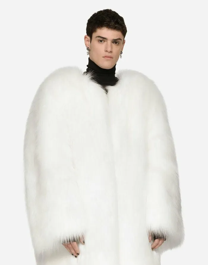 Dolce and Gabbana Coats And Jackets Men Singlebreasted Faux Fur Coat White