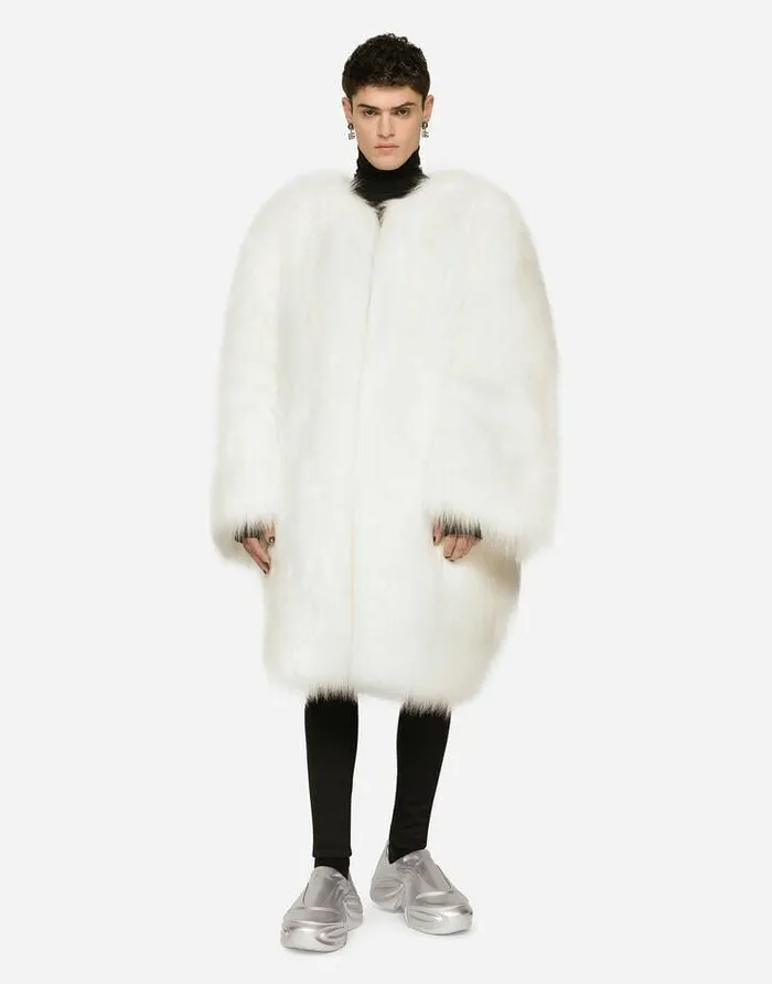 Dolce and Gabbana Coats And Jackets Men Singlebreasted Faux Fur Coat White