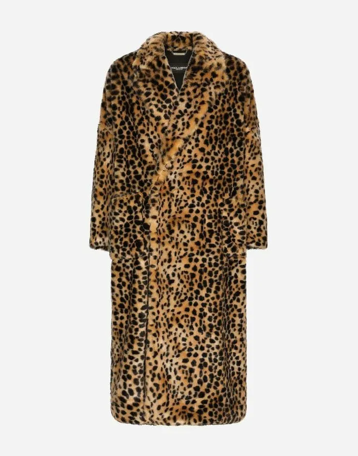 Dolce and Gabbana Coats And Jackets Men Singlebreasted Faux Fur Coat With Leopard Design Multicolor