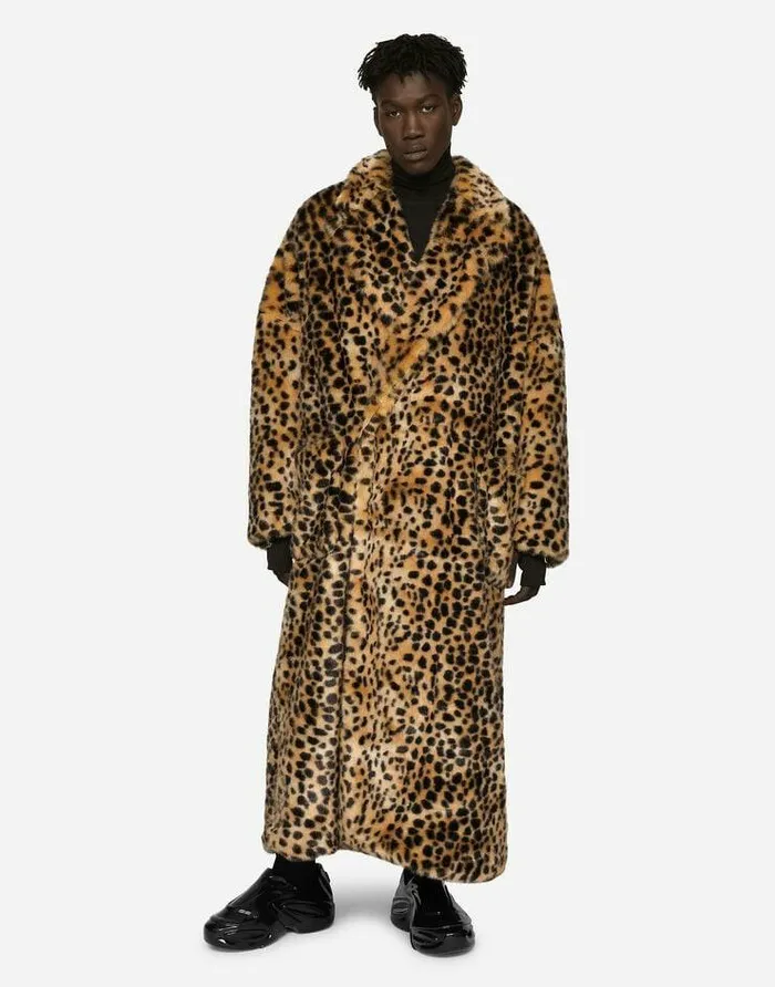 Dolce and Gabbana Coats And Jackets Men Singlebreasted Faux Fur Coat With Leopard Design Multicolor