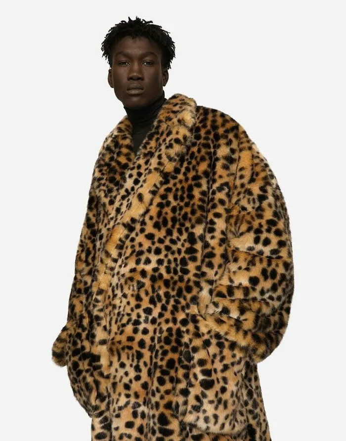Dolce and Gabbana Coats And Jackets Men Singlebreasted Faux Fur Coat With Leopard Design Multicolor