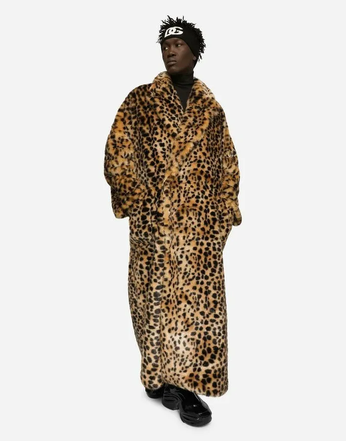 Dolce and Gabbana Coats And Jackets Men Singlebreasted Faux Fur Coat With Leopard Design Multicolor