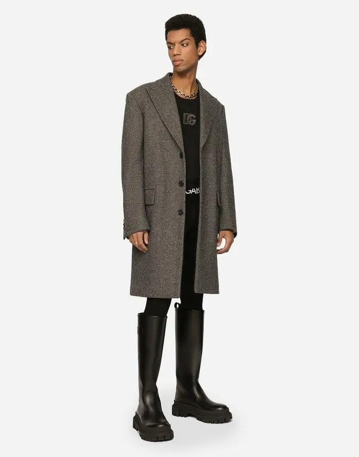 Dolce and Gabbana Coats And Jackets Men Singlebreasted Herringbone Wool Jersey Coat Multicolor