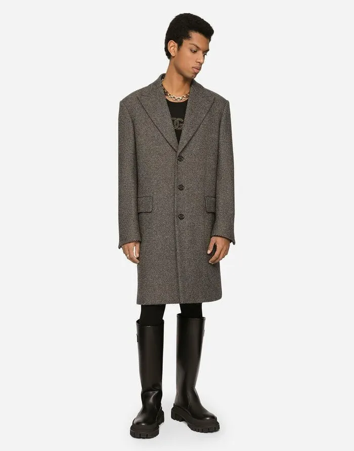 Dolce and Gabbana Coats And Jackets Men Singlebreasted Herringbone Wool Jersey Coat Multicolor