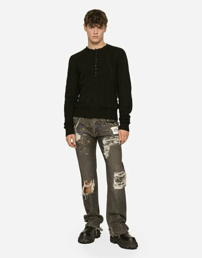 Dolce and Gabbana Denim Men Dirty Denim Straightleg Jeans With Rips Multicolor
