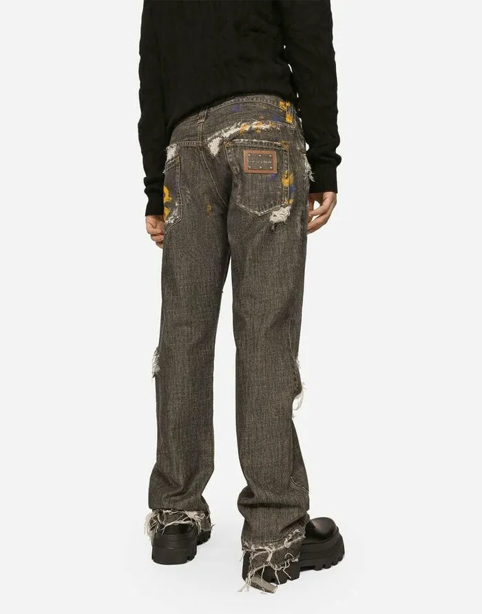 Dolce and Gabbana Denim Men Dirty Denim Straightleg Jeans With Rips Multicolor