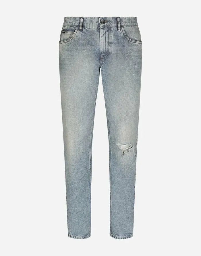 Dolce and Gabbana Denim Men Light Blue Regularfit Stretch Jeans With Rips Multicolor Dolce and Gabbana Denim Men Light Blue Regularfit Stretch Jeans With Rips Multicolor