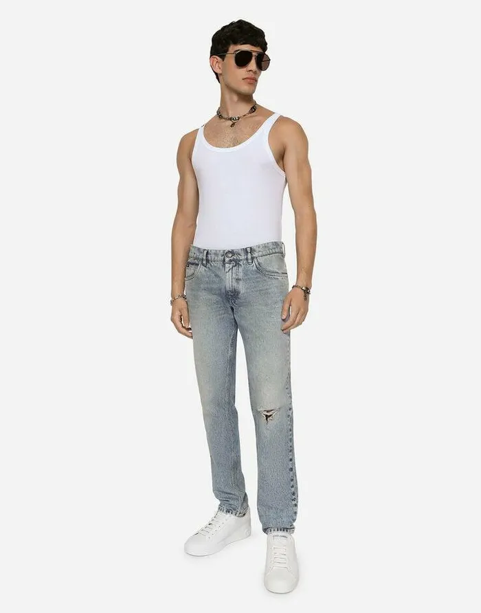 Dolce and Gabbana Denim Men Light Blue Regularfit Stretch Jeans With Rips Multicolor Dolce and Gabbana Denim Men Light Blue Regularfit Stretch Jeans With Rips Multicolor