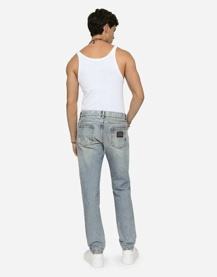 Dolce and Gabbana Denim Men Light Blue Regularfit Stretch Jeans With Rips Multicolor Dolce and Gabbana Denim Men Light Blue Regularfit Stretch Jeans With Rips Multicolor