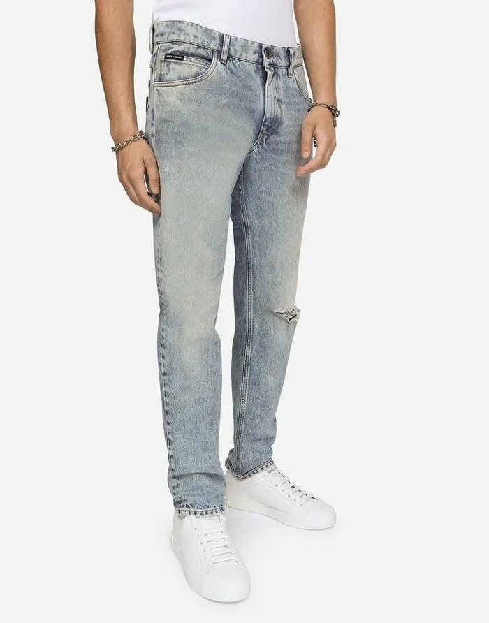 Dolce and Gabbana Denim Men Light Blue Regularfit Stretch Jeans With Rips Multicolor Dolce and Gabbana Denim Men Light Blue Regularfit Stretch Jeans With Rips Multicolor