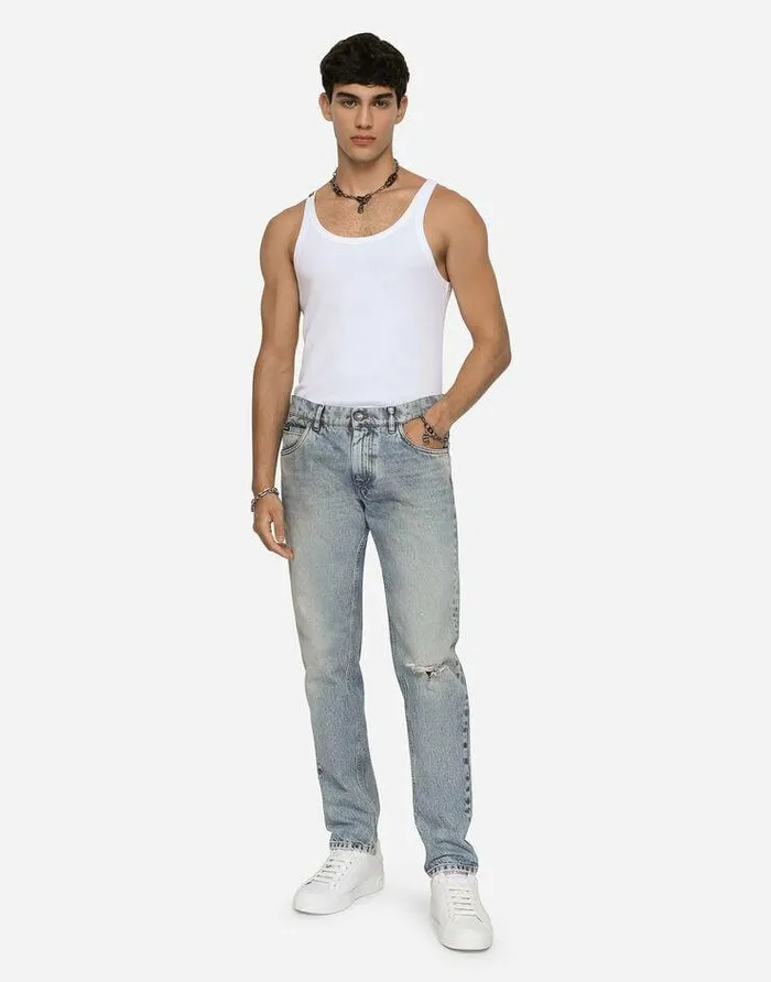Dolce and Gabbana Denim Men Light Blue Regularfit Stretch Jeans With Rips Multicolor Dolce and Gabbana Denim Men Light Blue Regularfit Stretch Jeans With Rips Multicolor