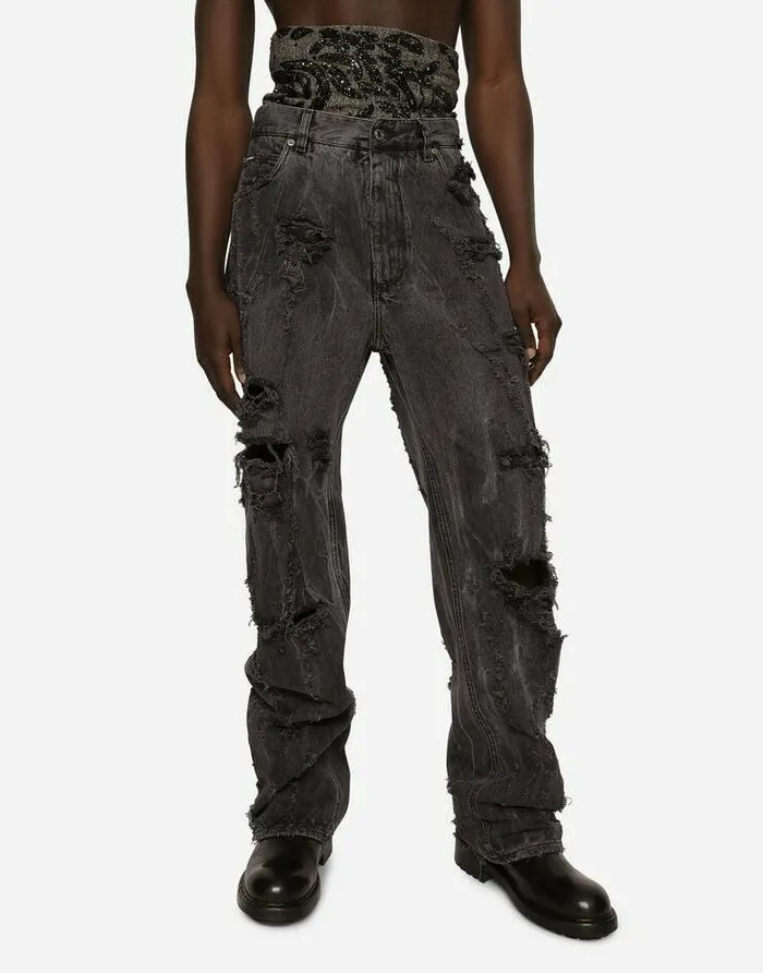 Dolce and Gabbana Denim Men Washed Oversize Jeans With Rips And Abrasions Multicolor Dolce and Gabbana Denim Men Washed Oversize Jeans With Rips And Abrasions Multicolor