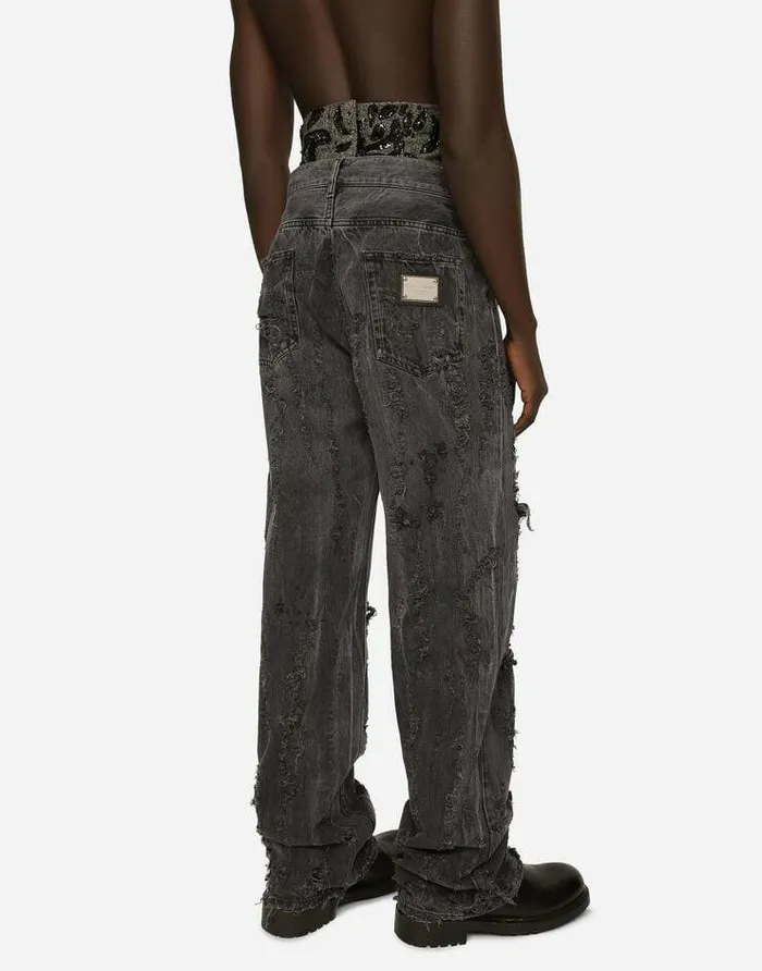 Dolce and Gabbana Denim Men Washed Oversize Jeans With Rips And Abrasions Multicolor Dolce and Gabbana Denim Men Washed Oversize Jeans With Rips And Abrasions Multicolor
