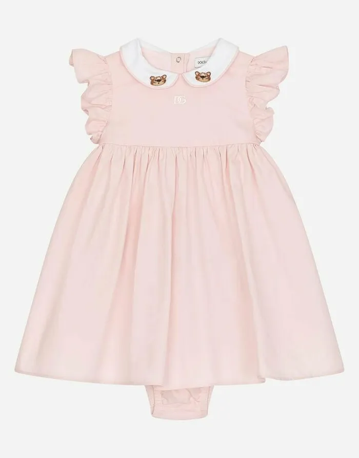 Dolce and Gabbana Dresses Children Poplin Dress With Baby Leopard Embroidery Pink
