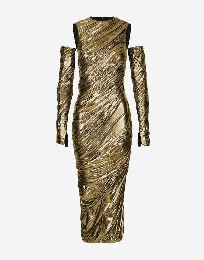 Dolce and Gabbana Dresses Women Foiled Organzine Calflength Dress With Gloves Gold Dolce and Gabbana Dresses Women Foiled Organzine Calflength Dress With Gloves Gold