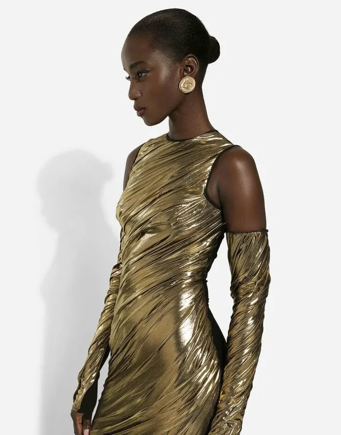 Dolce and Gabbana Dresses Women Foiled Organzine Calflength Dress With Gloves Gold Dolce and Gabbana Dresses Women Foiled Organzine Calflength Dress With Gloves Gold