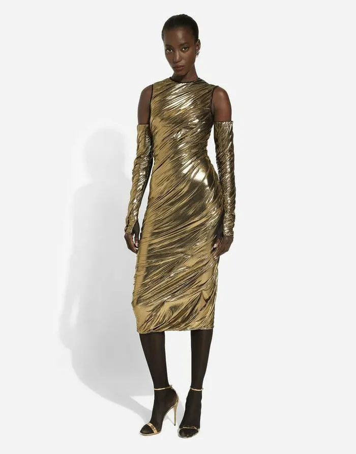 Dolce and Gabbana Dresses Women Foiled Organzine Calflength Dress With Gloves Gold Dolce and Gabbana Dresses Women Foiled Organzine Calflength Dress With Gloves Gold