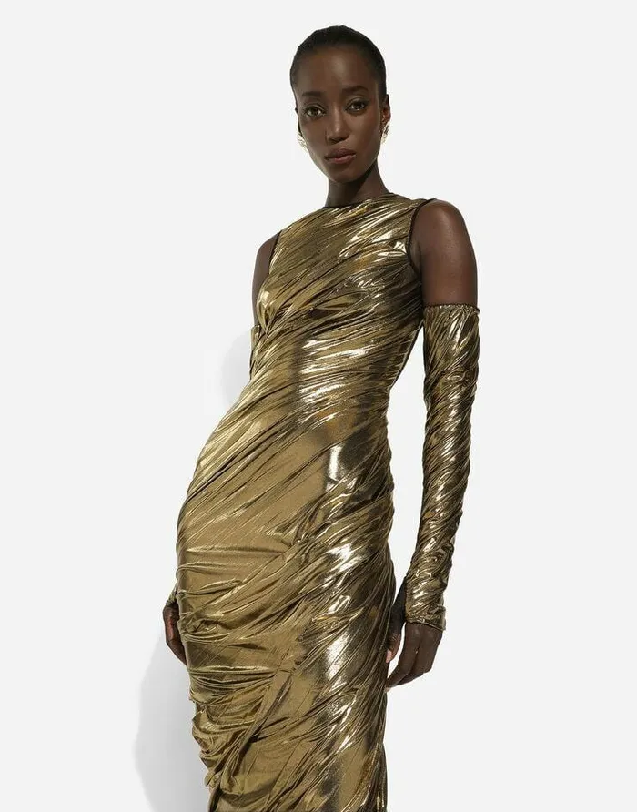 Dolce and Gabbana Dresses Women Foiled Organzine Calflength Dress With Gloves Gold Dolce and Gabbana Dresses Women Foiled Organzine Calflength Dress With Gloves Gold