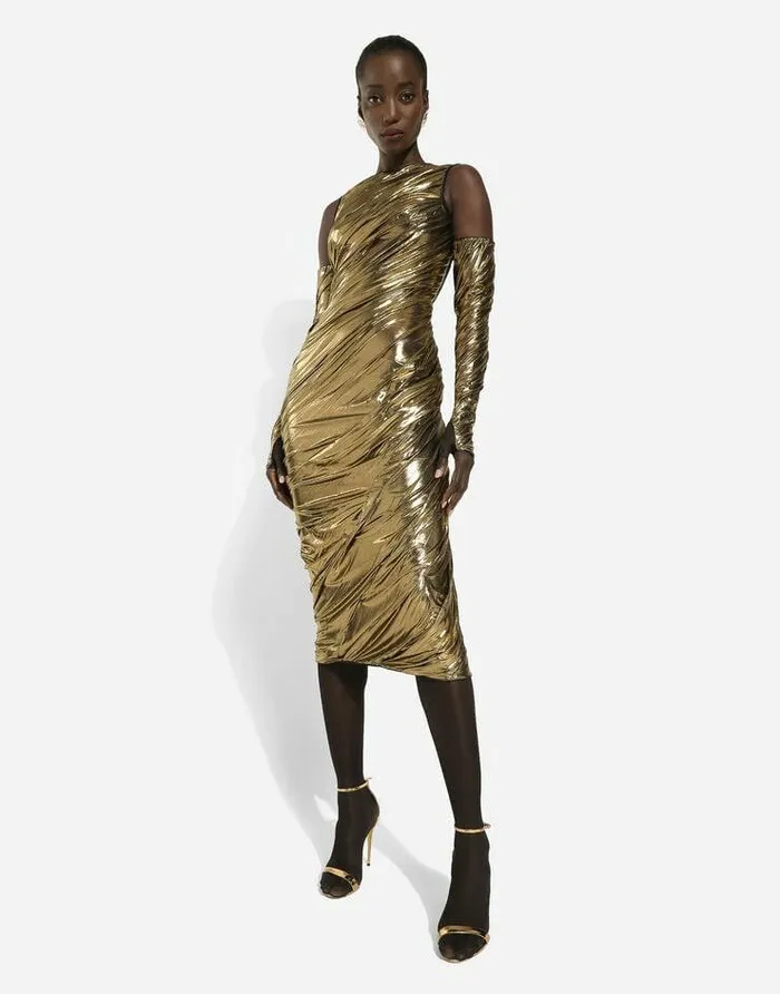 Dolce and Gabbana Dresses Women Foiled Organzine Calflength Dress With Gloves Gold Dolce and Gabbana Dresses Women Foiled Organzine Calflength Dress With Gloves Gold