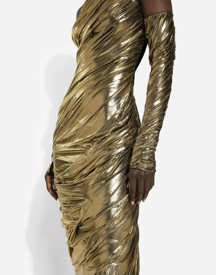 Dolce and Gabbana Dresses Women Foiled Organzine Calflength Dress With Gloves Gold Dolce and Gabbana Dresses Women Foiled Organzine Calflength Dress With Gloves Gold