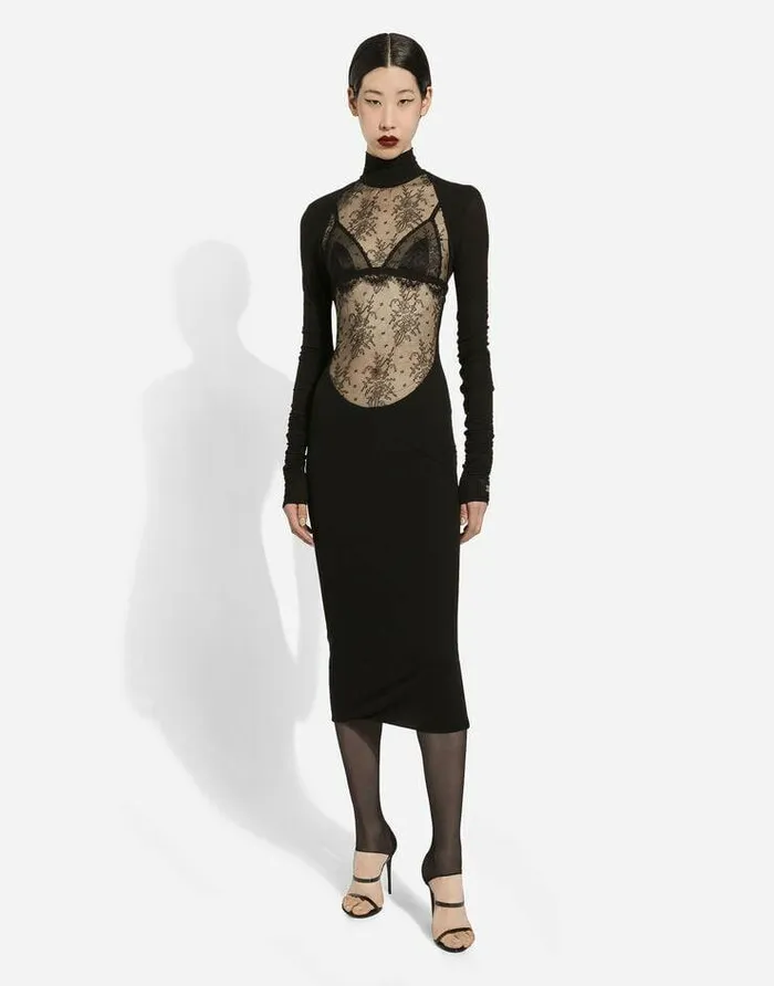 Dolce and Gabbana Dresses Women Jersey Calflength Dress With Chantilly Lace Insert Black Dolce and Gabbana Dresses Women Jersey Calflength Dress With Chantilly Lace Insert Black