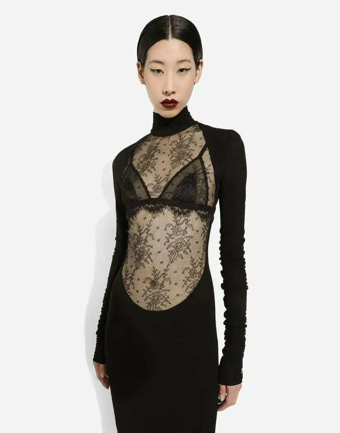 Dolce and Gabbana Dresses Women Jersey Calflength Dress With Chantilly Lace Insert Black Dolce and Gabbana Dresses Women Jersey Calflength Dress With Chantilly Lace Insert Black