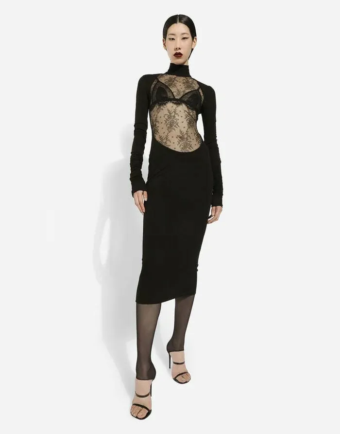 Dolce and Gabbana Dresses Women Jersey Calflength Dress With Chantilly Lace Insert Black Dolce and Gabbana Dresses Women Jersey Calflength Dress With Chantilly Lace Insert Black