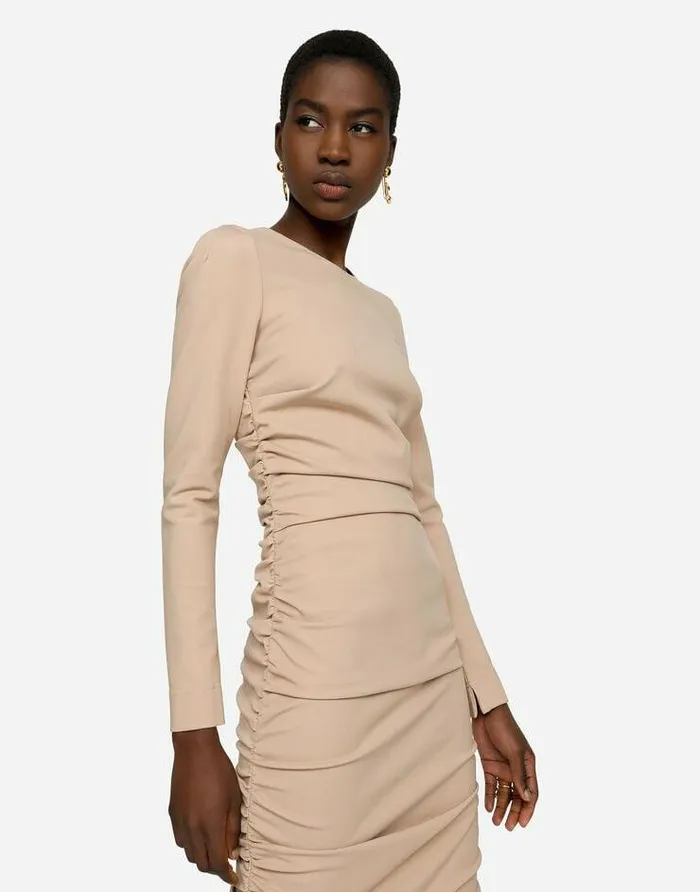 Dolce and Gabbana Dresses Women Jersey Calflength Dress With Draping Beige Dolce and Gabbana Dresses Women Jersey Calflength Dress With Draping Beige
