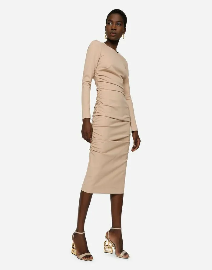 Dolce and Gabbana Dresses Women Jersey Calflength Dress With Draping Beige Dolce and Gabbana Dresses Women Jersey Calflength Dress With Draping Beige