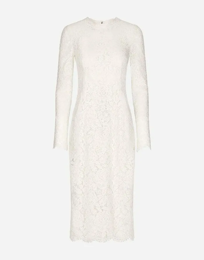 Dolce and Gabbana Dresses Women Longsleeved Branded Stretch Lace Dress White