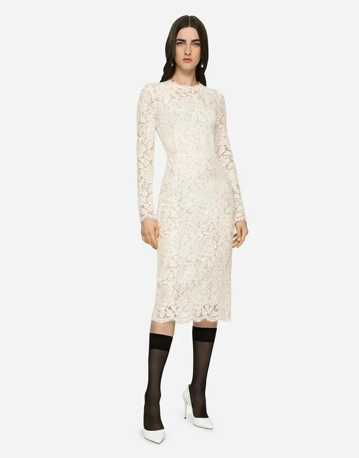 Dolce and Gabbana Dresses Women Longsleeved Branded Stretch Lace Dress White Dolce and Gabbana Dresses Women Longsleeved Branded Stretch Lace Dress White