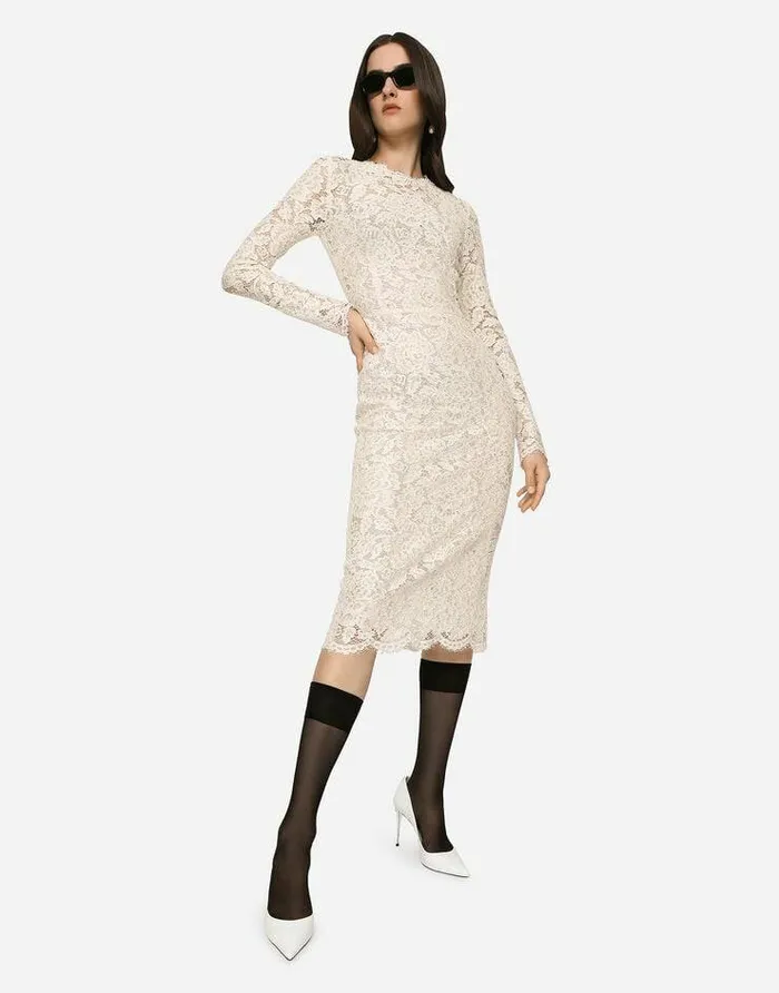 Dolce and Gabbana Dresses Women Longsleeved Branded Stretch Lace Dress White Dolce and Gabbana Dresses Women Longsleeved Branded Stretch Lace Dress White