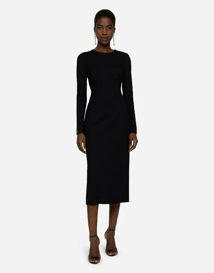 Dolce and Gabbana Dresses Women Longsleeved Jersey Calflength Dress With DG Embellishment Black Dolce and Gabbana Dresses Women Longsleeved Jersey Calflength Dress With DG Embellishment Black