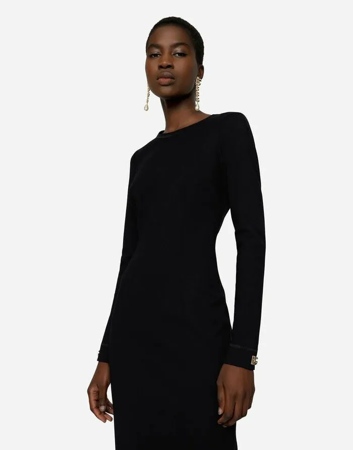 Dolce and Gabbana Dresses Women Longsleeved Jersey Calflength Dress With DG Embellishment Black Dolce and Gabbana Dresses Women Longsleeved Jersey Calflength Dress With DG Embellishment Black