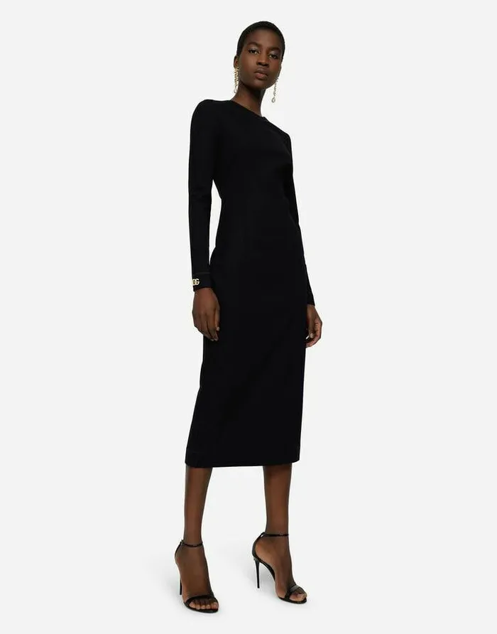 Dolce and Gabbana Dresses Women Longsleeved Jersey Calflength Dress With DG Embellishment Black Dolce and Gabbana Dresses Women Longsleeved Jersey Calflength Dress With DG Embellishment Black